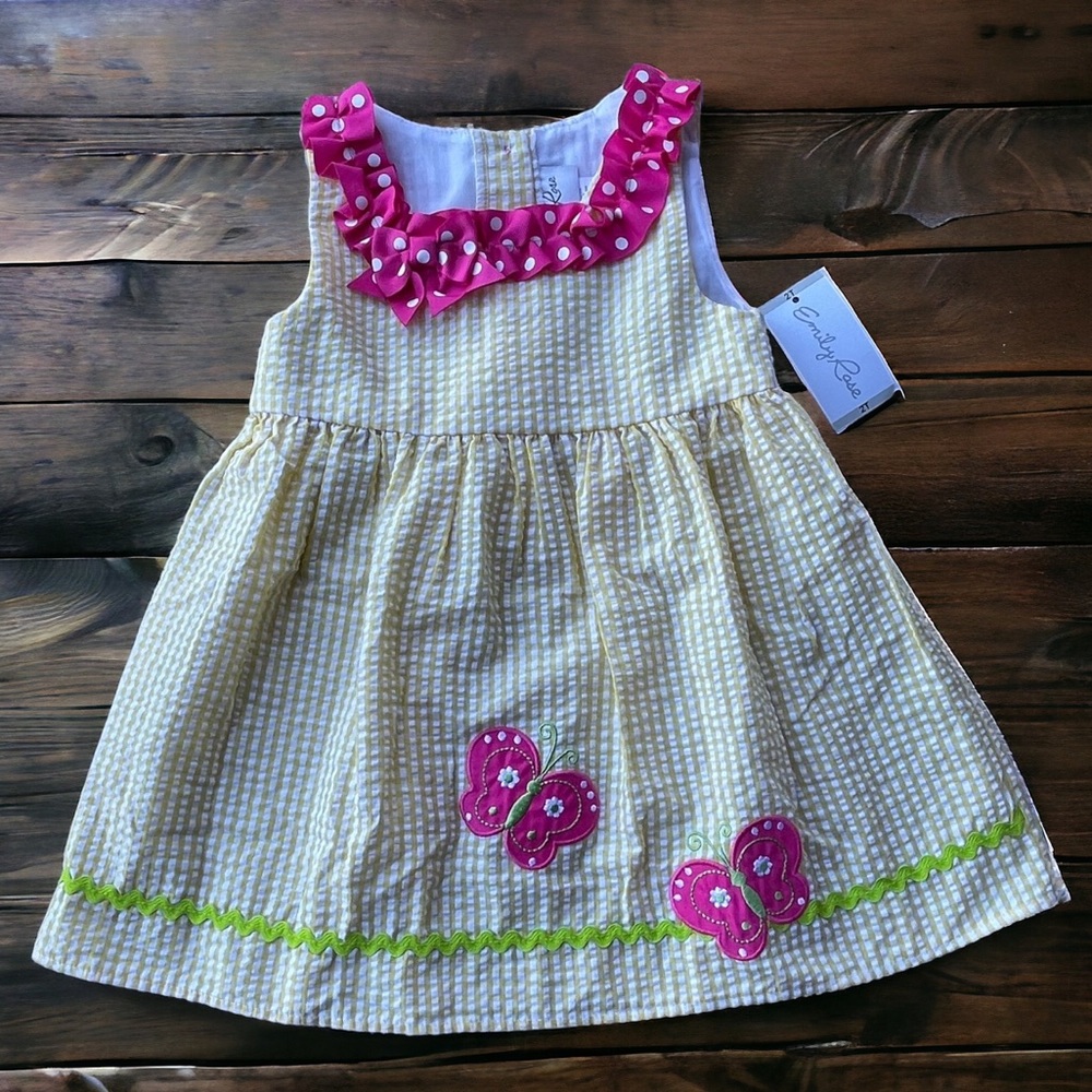 NWT Emily Rose Yellow Checkered Seer Sucker Dress with Pink Ruffle Trim Size 2T